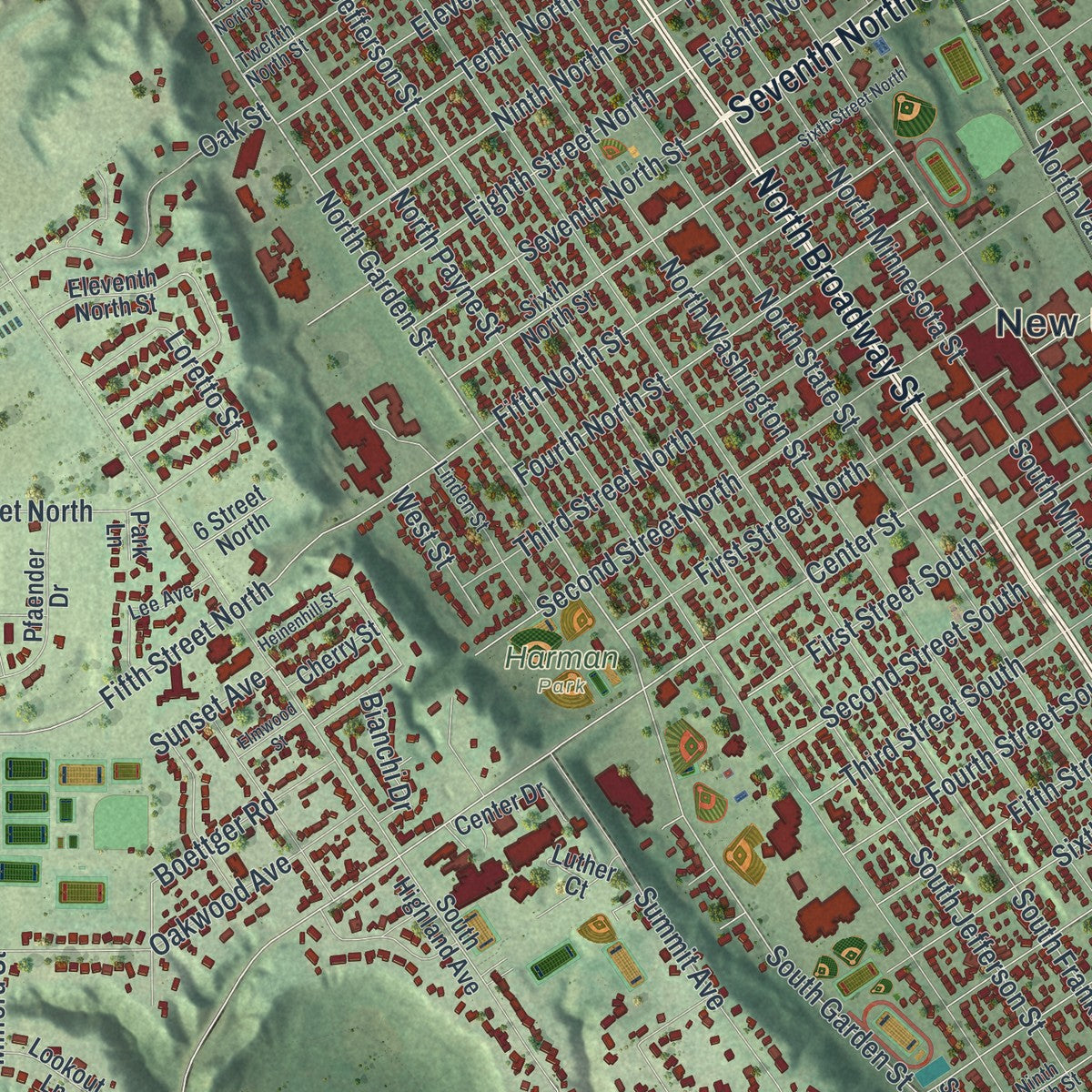 Close-up of the map of New Ulm, Minnesota print showing street and building detail