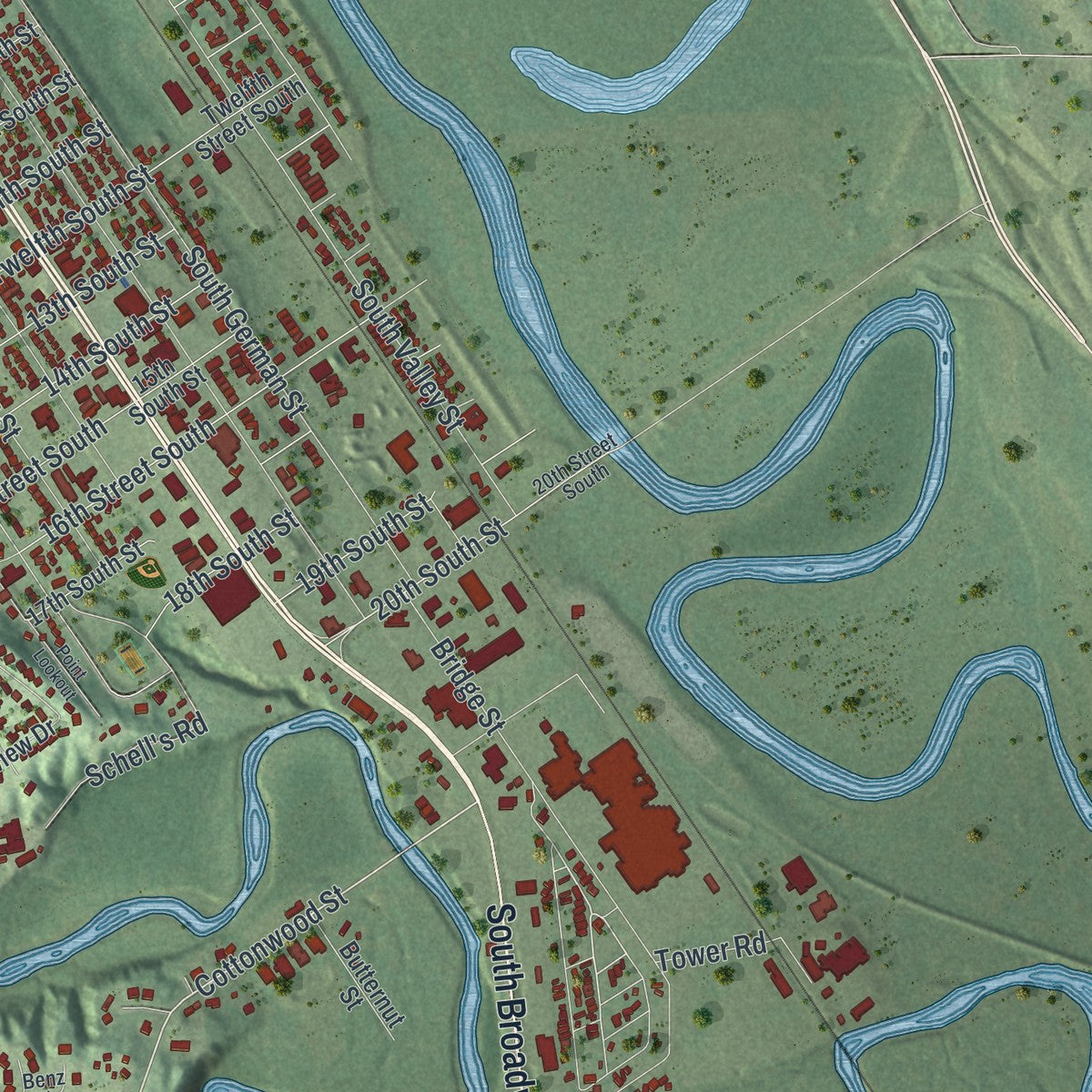 Second close-up of the map of New Ulm, Minnesota print showing more streets and buildings