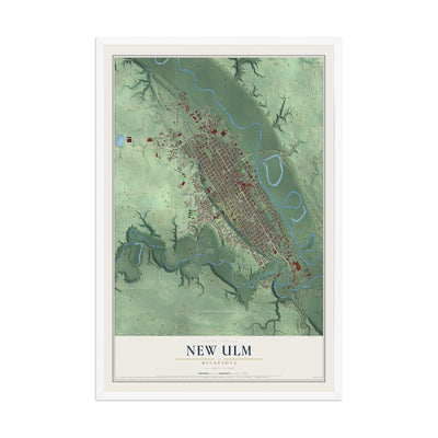Map of New Ulm, Minnesota, 12 x 18 inch print in a white wood frame