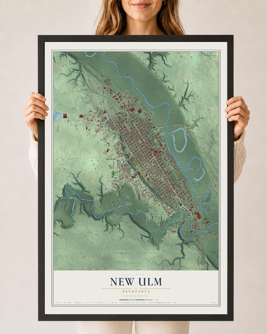Map of New Ulm, Minnesota, 24 x 36 inch print in a black wood frame