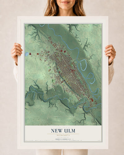 Map of New Ulm, Minnesota, 24 x 36 inch print in a white wood frame