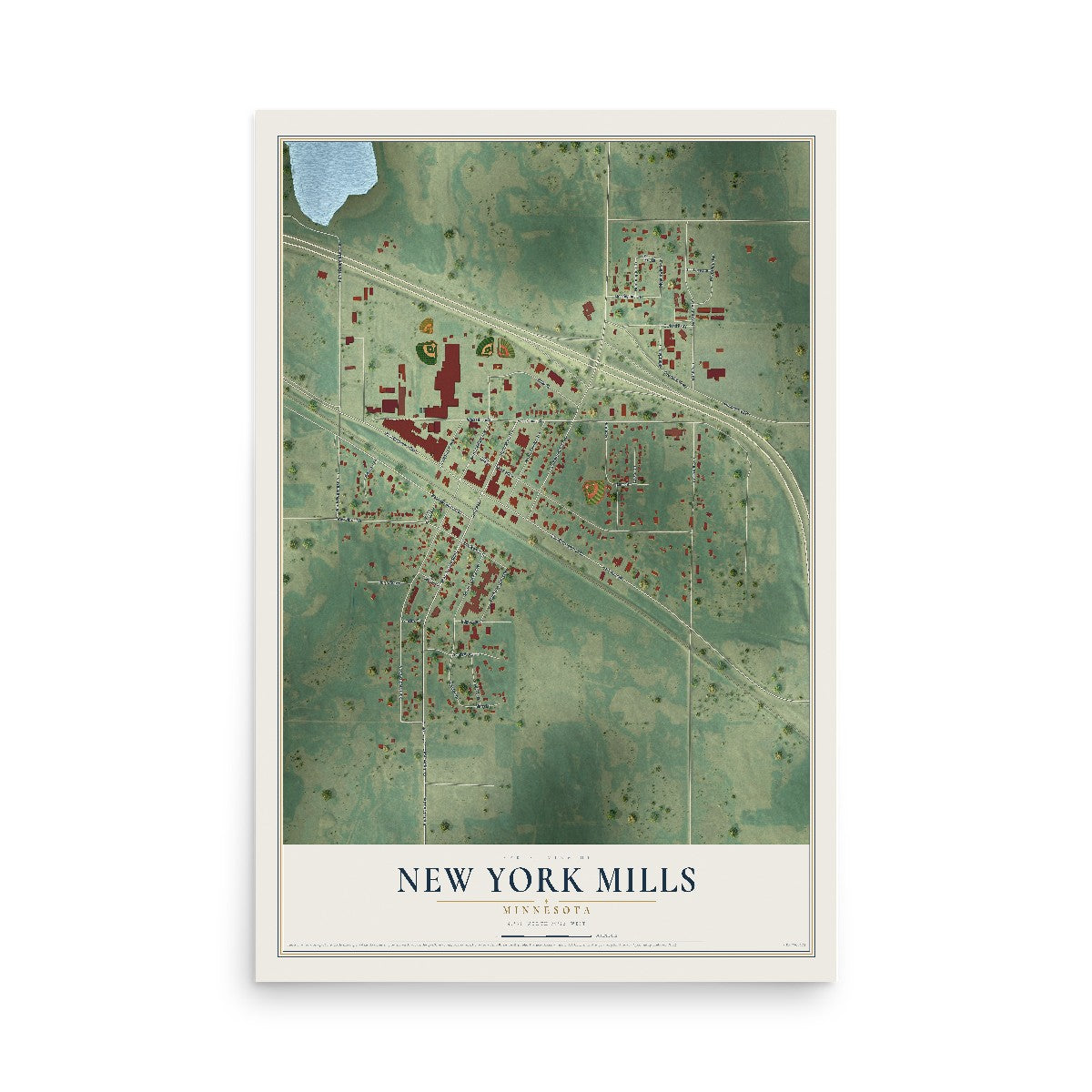 Map of New York Mills, Minnesota, 12 x 18 inch unframed archival matte print
