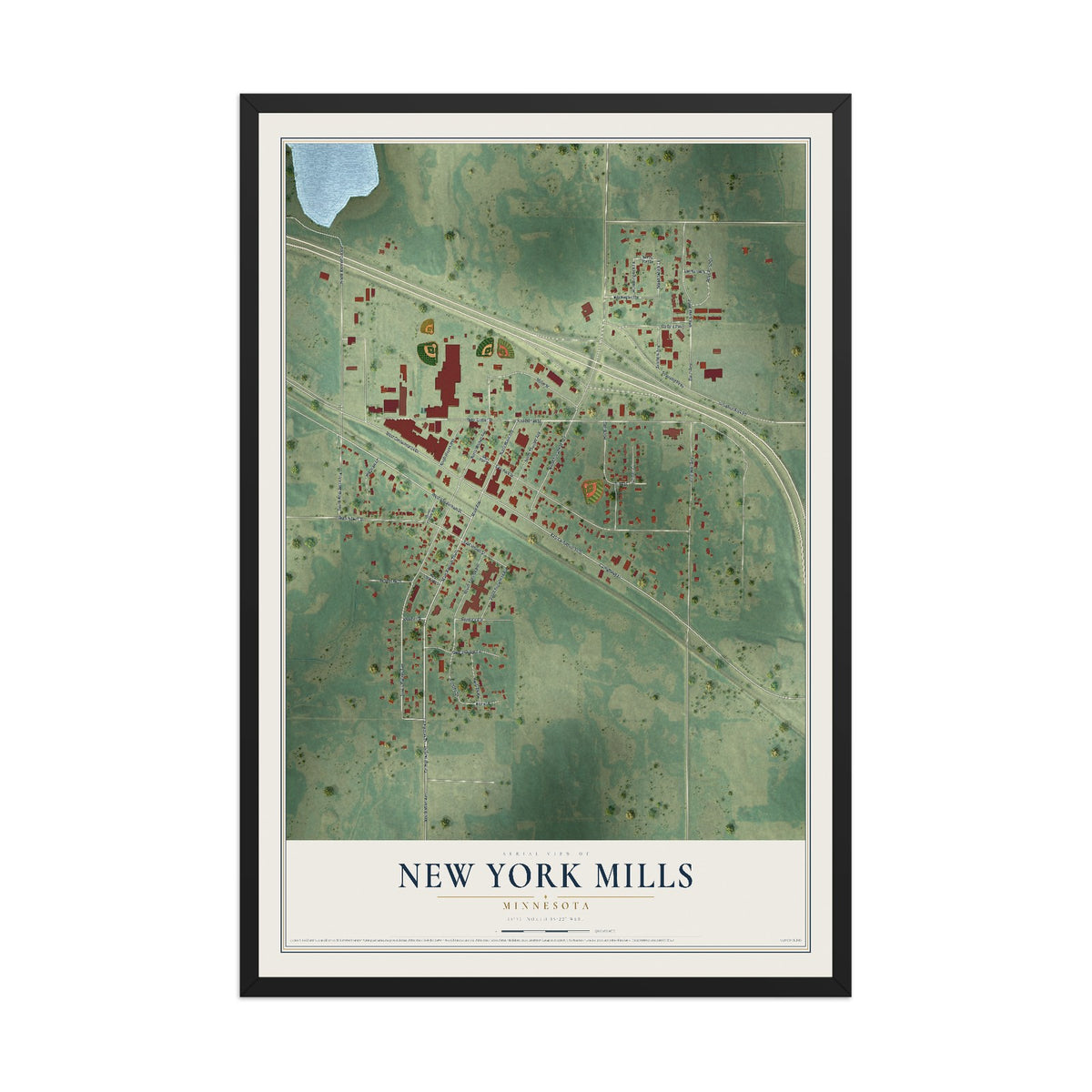 Map of New York Mills, Minnesota, 12 x 18 inch print in a black wood frame