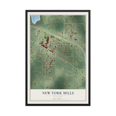 Map of New York Mills, Minnesota, 12 x 18 inch print in a black wood frame