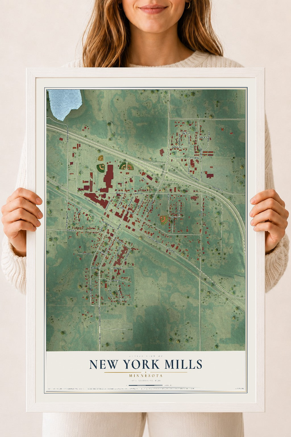 Map of New York Mills, Minnesota, 18 x 24 inch print in a white wood frame