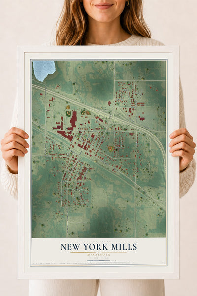 Map of New York Mills, Minnesota, 18 x 24 inch print in a white wood frame
