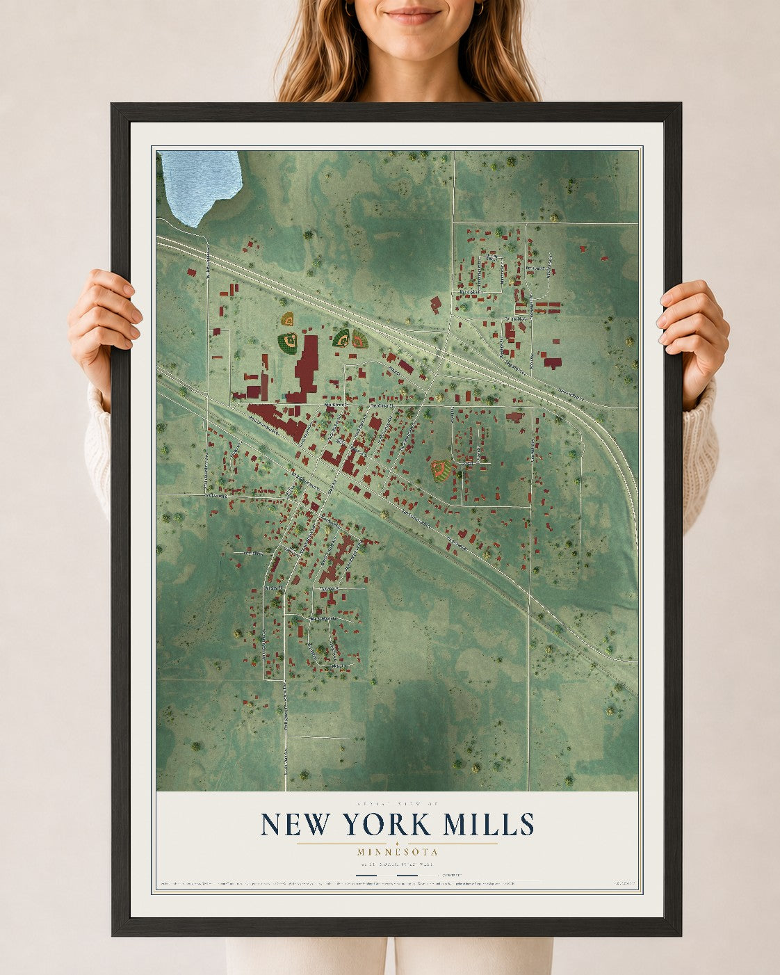 Map of New York Mills, Minnesota, 24 x 36 inch print in a black wood frame