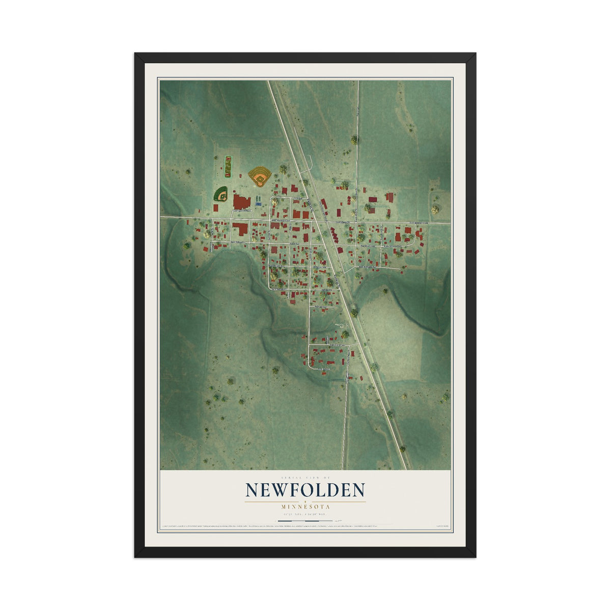 Map of Newfolden, Minnesota, 12 x 18 inch print in a black wood frame