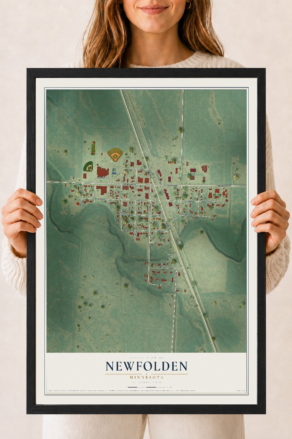 Map of Newfolden, Minnesota, 18 x 24 inch print in a black wood frame