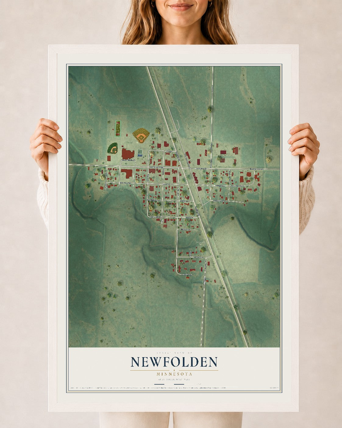 Map of Newfolden, Minnesota, 24 x 36 inch print in a white wood frame