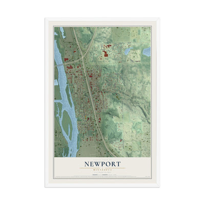 Map of Newport, Minnesota, 12 x 18 inch print in a white wood frame