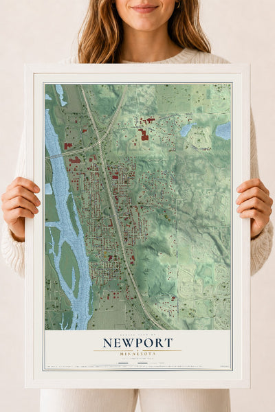 Map of Newport, Minnesota, 18 x 24 inch print in a white wood frame