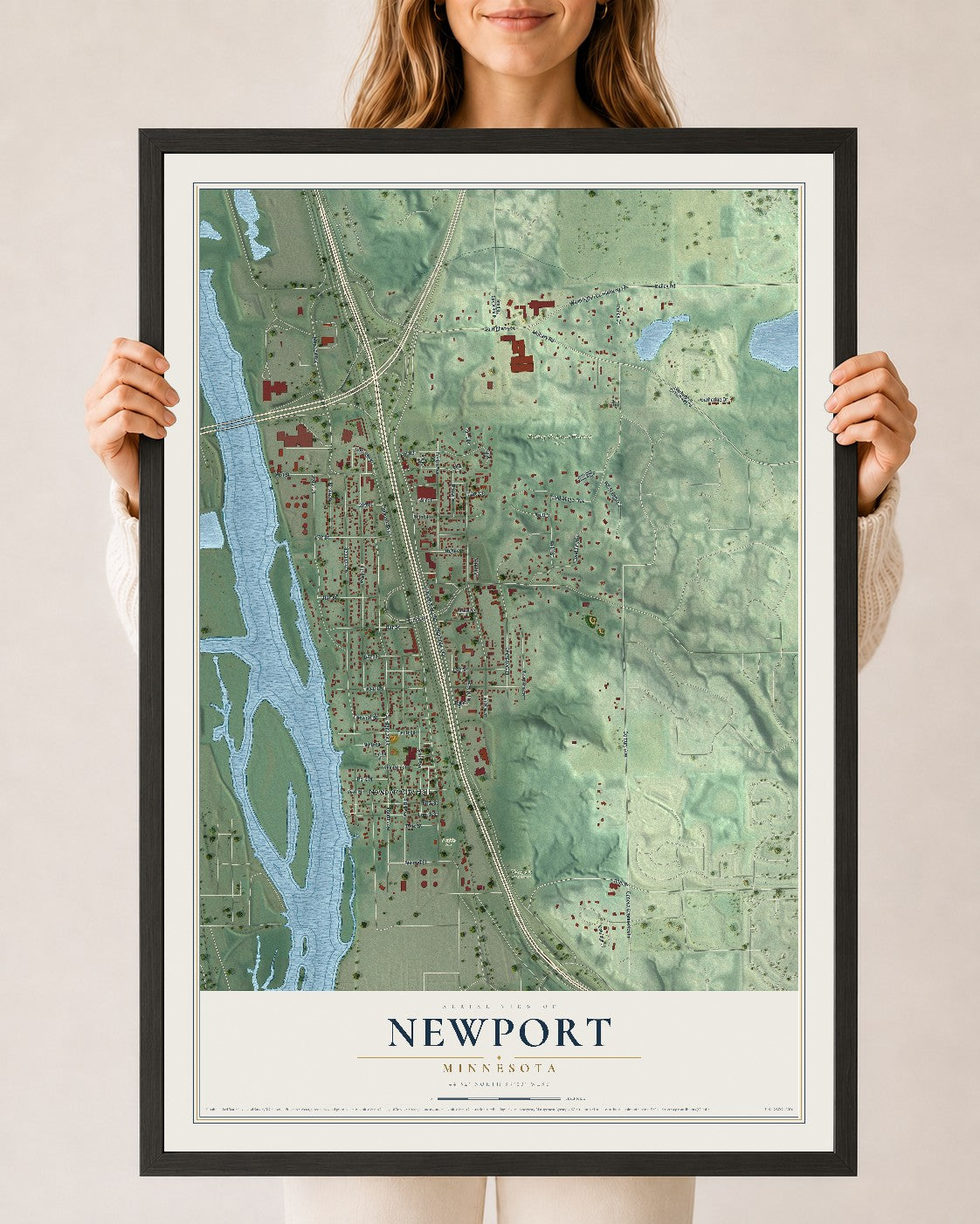 Map of Newport, Minnesota, 24 x 36 inch print in a black wood frame