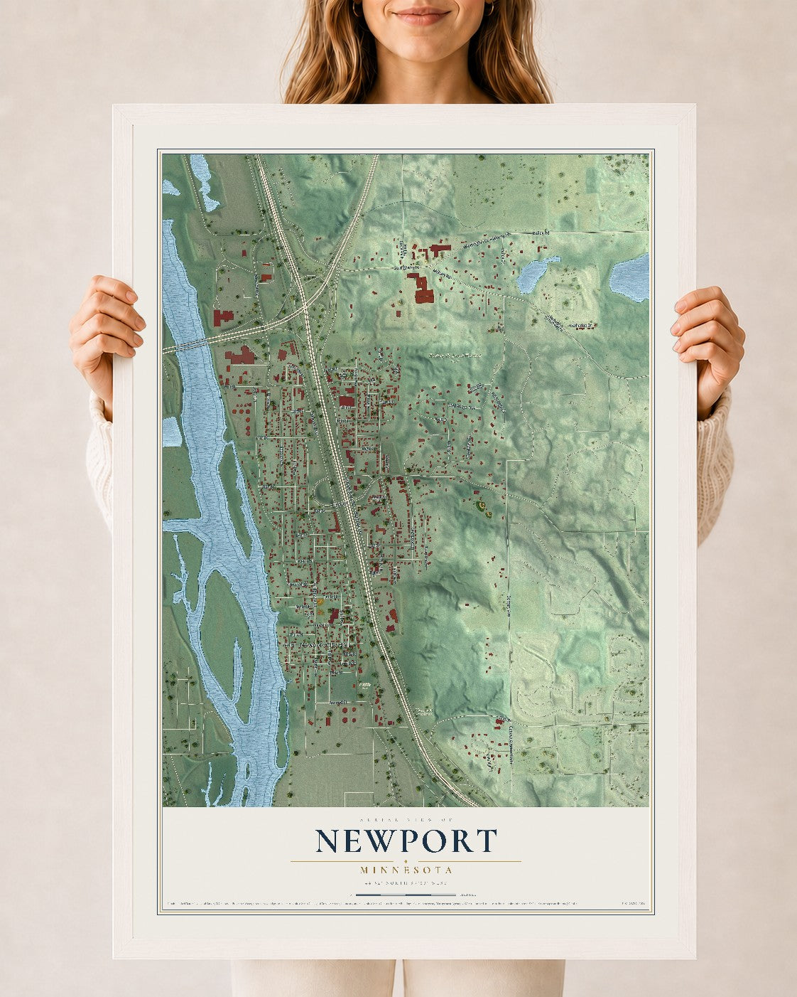 Map of Newport, Minnesota, 24 x 36 inch print in a white wood frame