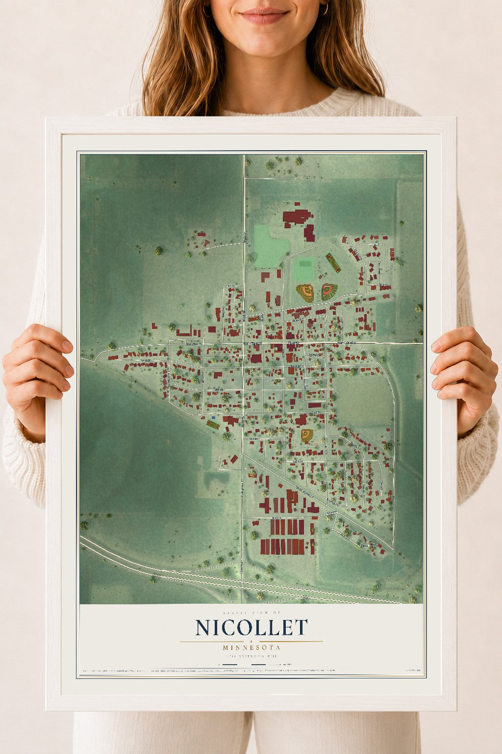 Map of Nicollet, Minnesota, 18 x 24 inch print in a white wood frame