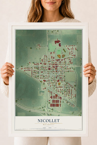 Map of Nicollet, Minnesota, 18 x 24 inch print in a white wood frame