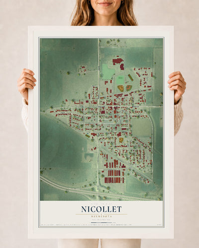 Map of Nicollet, Minnesota, 24 x 36 inch print in a white wood frame