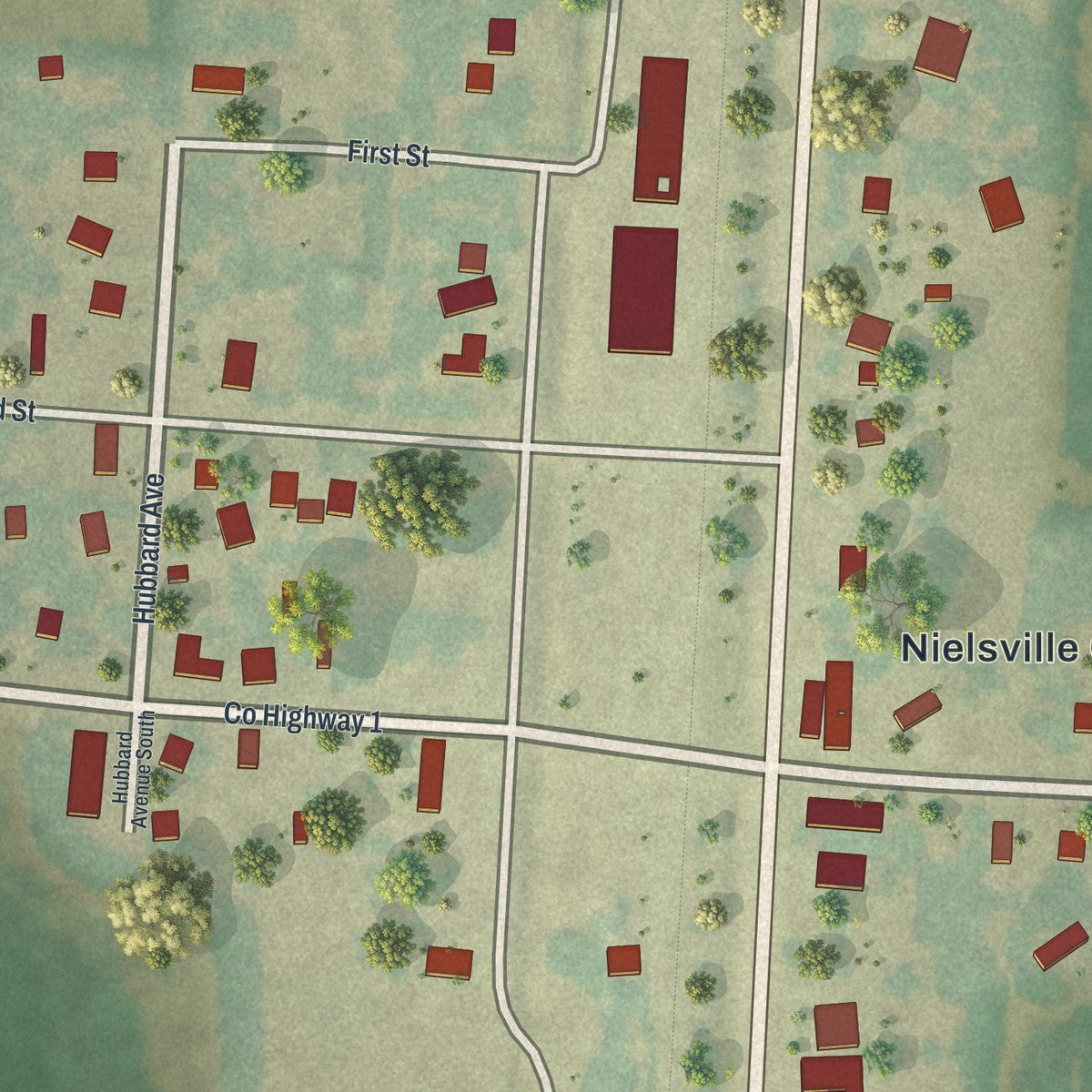 Close-up of the map of Nielsville, Minnesota print showing street and building detail