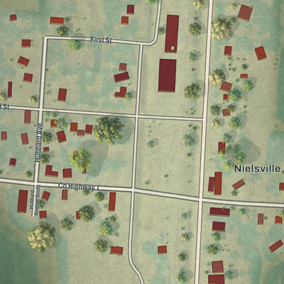 Close-up of the map of Nielsville, Minnesota print showing street and building detail