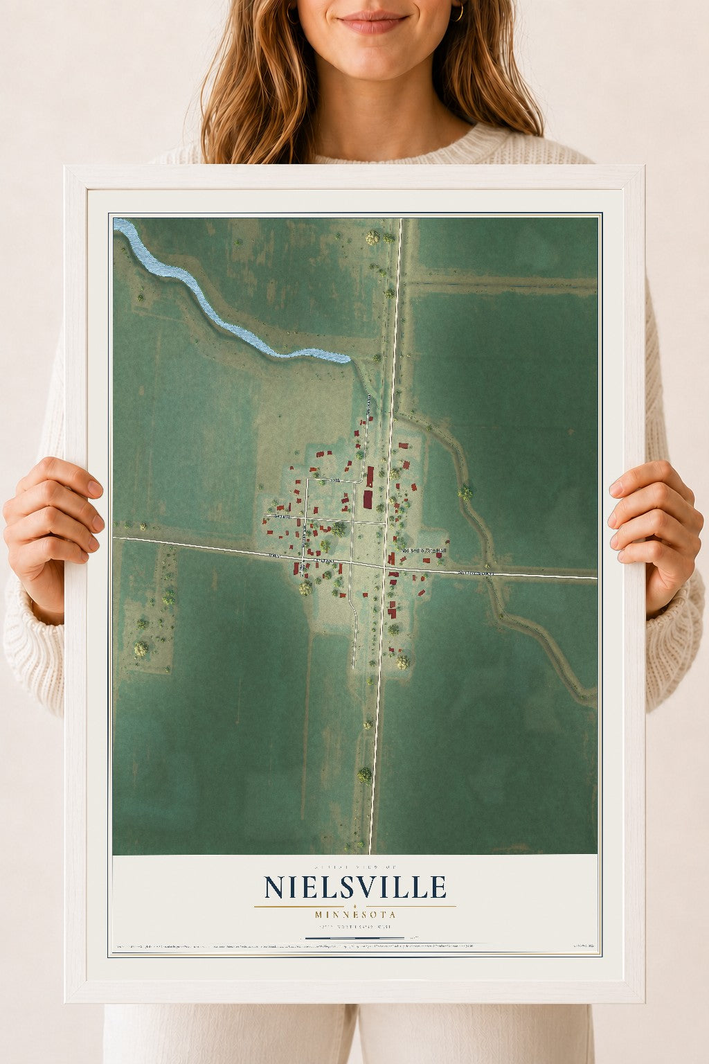Map of Nielsville, Minnesota, 18 x 24 inch print in a white wood frame