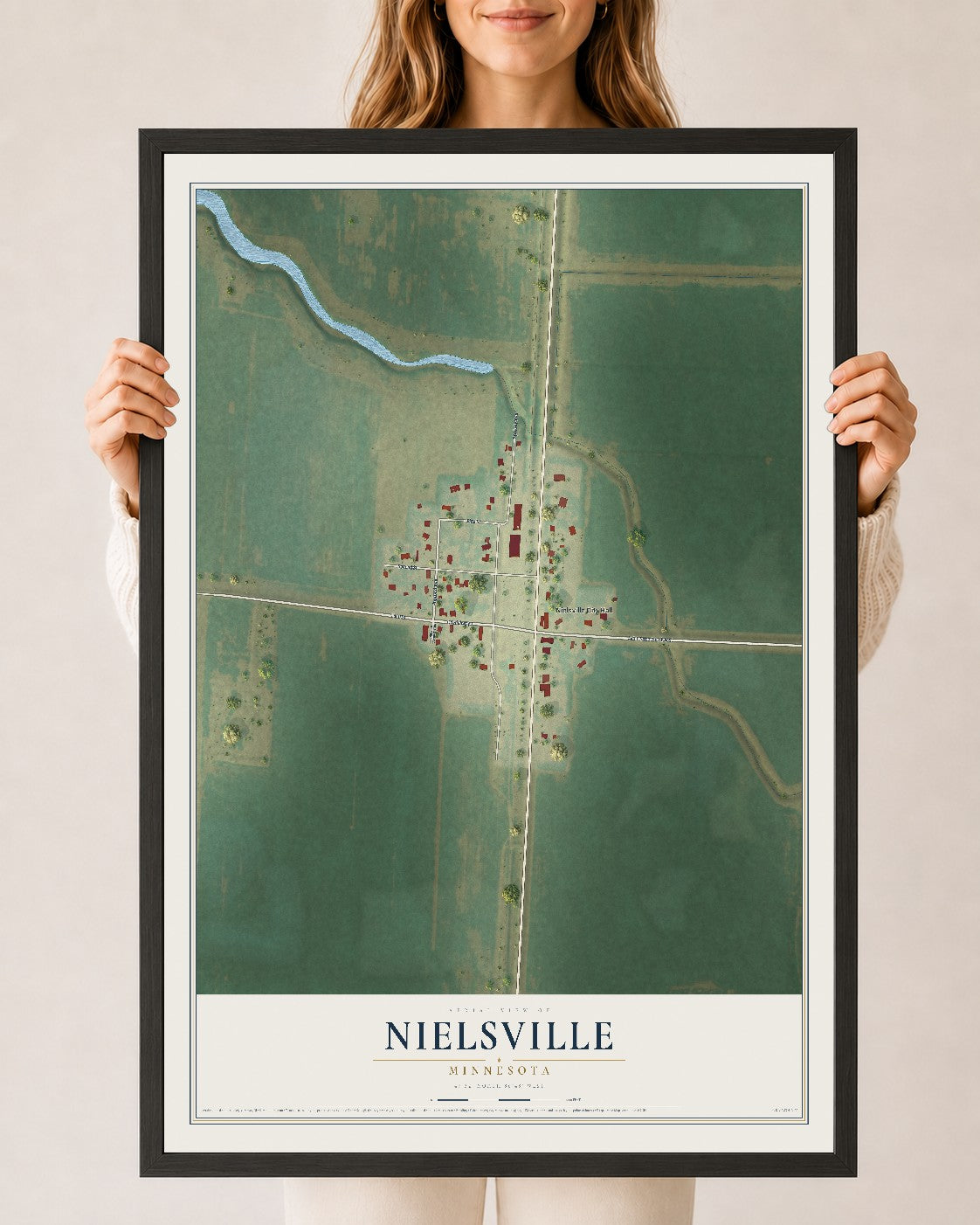 Map of Nielsville, Minnesota, 24 x 36 inch print in a black wood frame