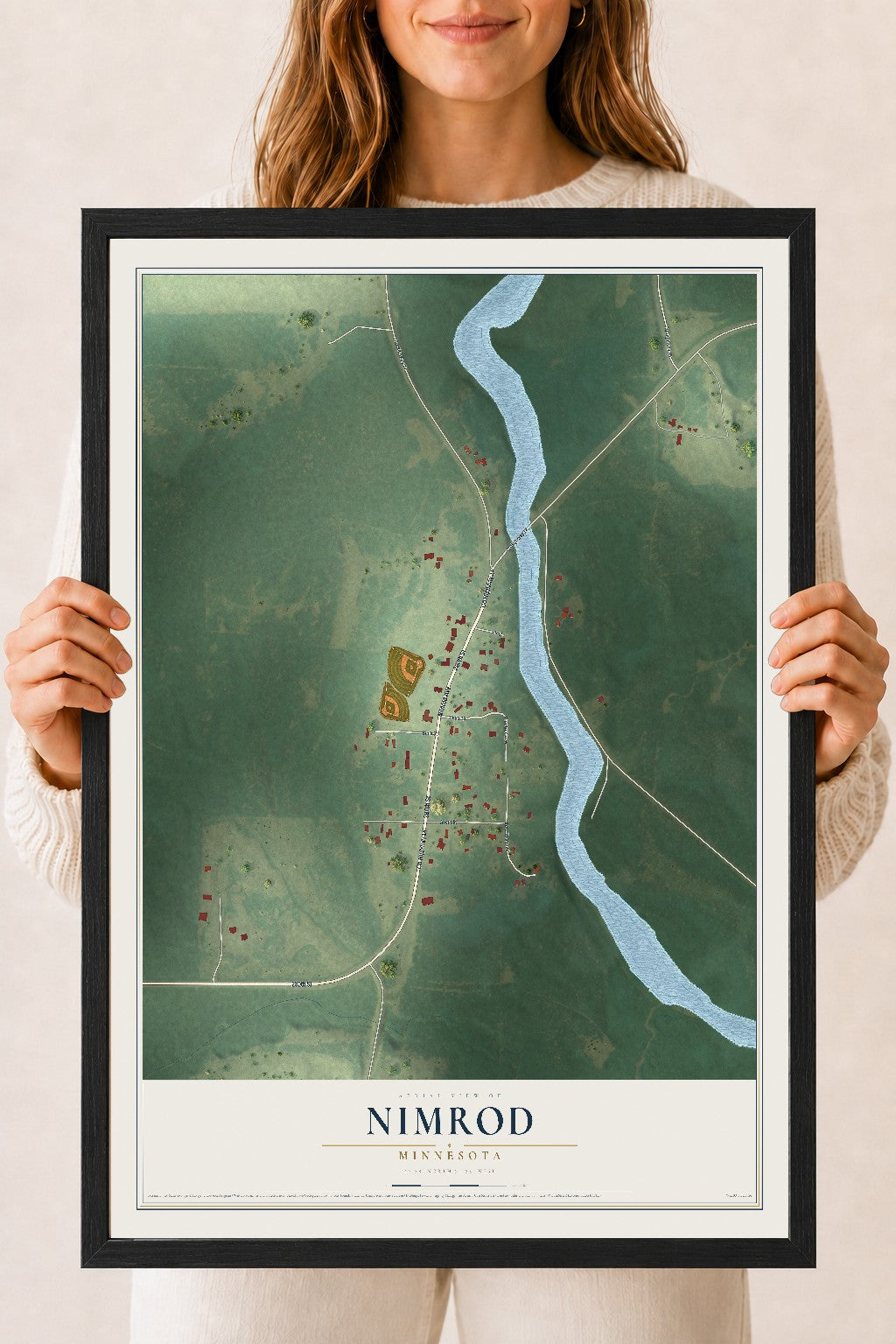 Map of Nimrod, Minnesota, 18 x 24 inch print in a black wood frame