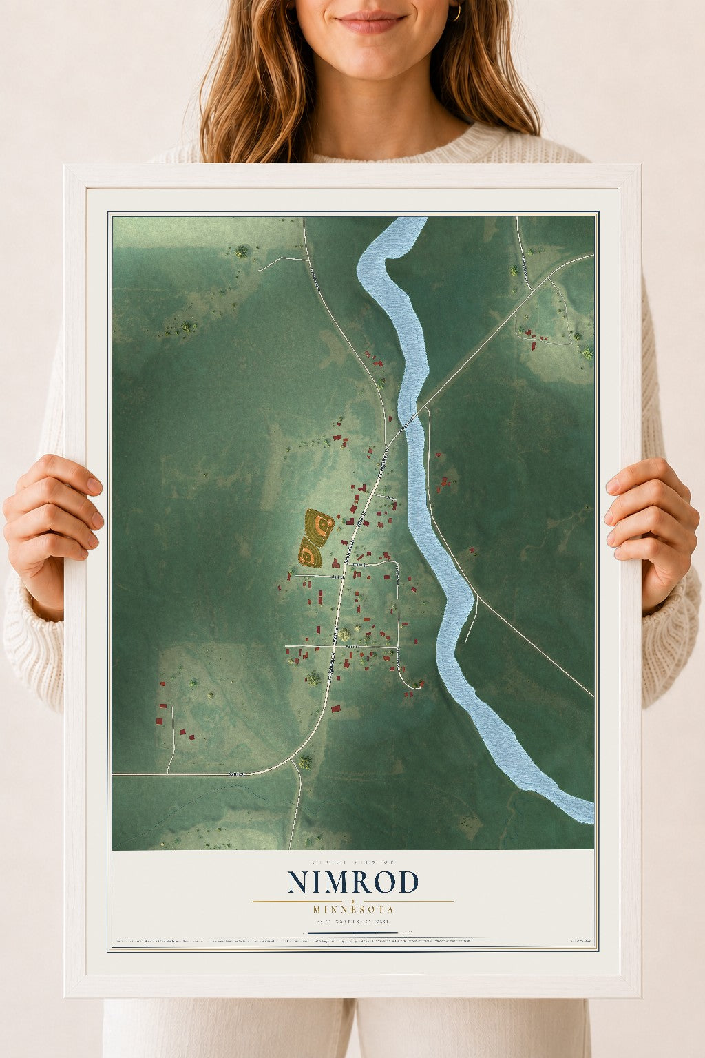 Map of Nimrod, Minnesota, 18 x 24 inch print in a white wood frame