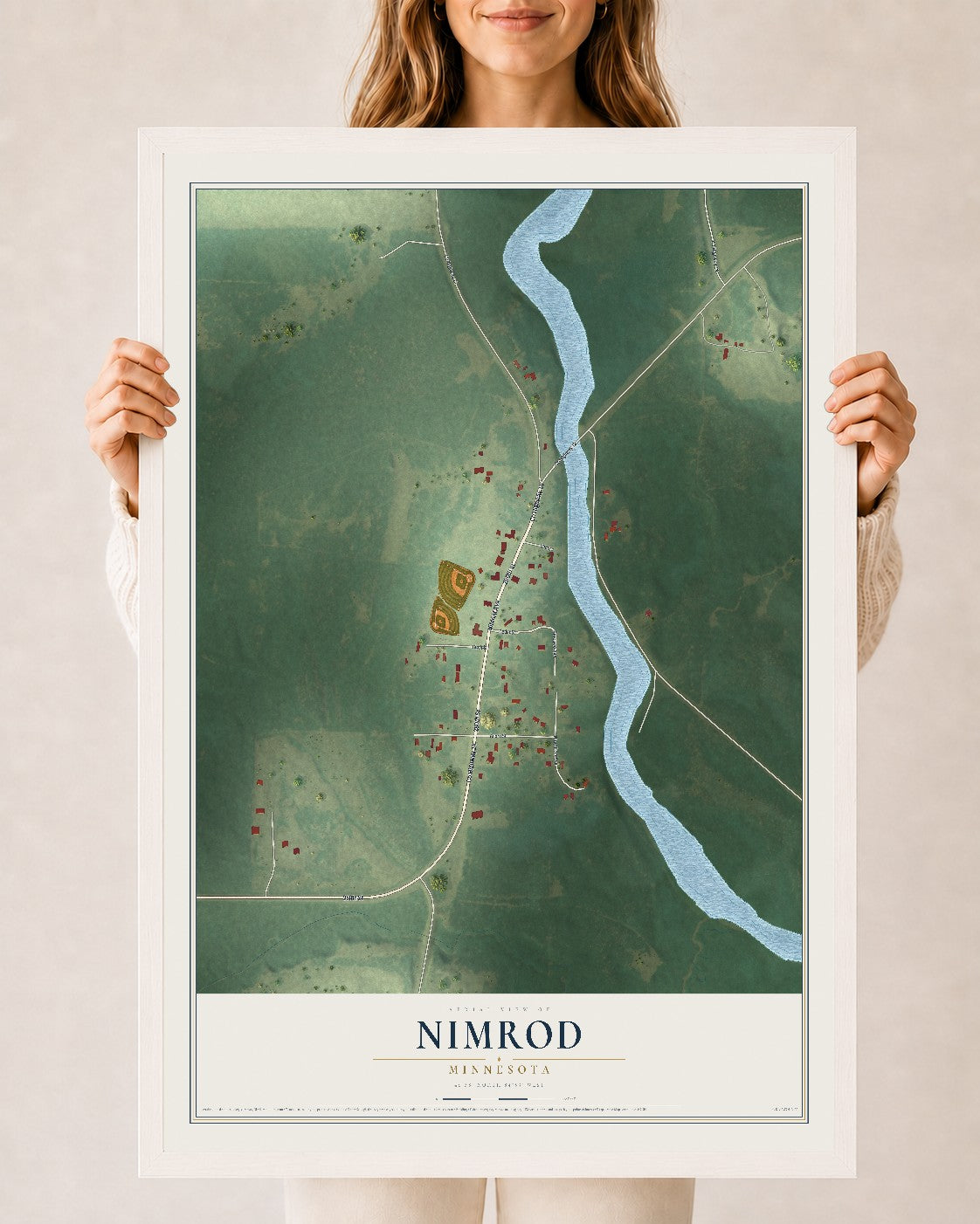 Map of Nimrod, Minnesota, 24 x 36 inch print in a white wood frame