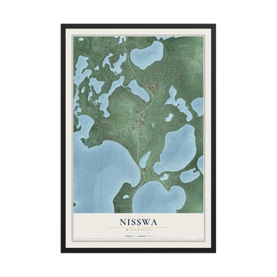 Map of Nisswa, Minnesota, 12 x 18 inch print in a black wood frame