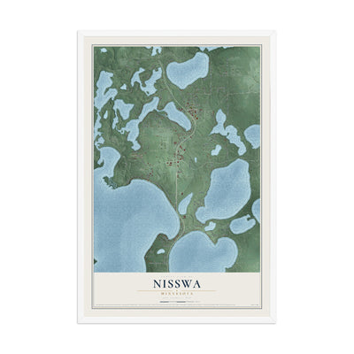 Map of Nisswa, Minnesota, 12 x 18 inch print in a white wood frame