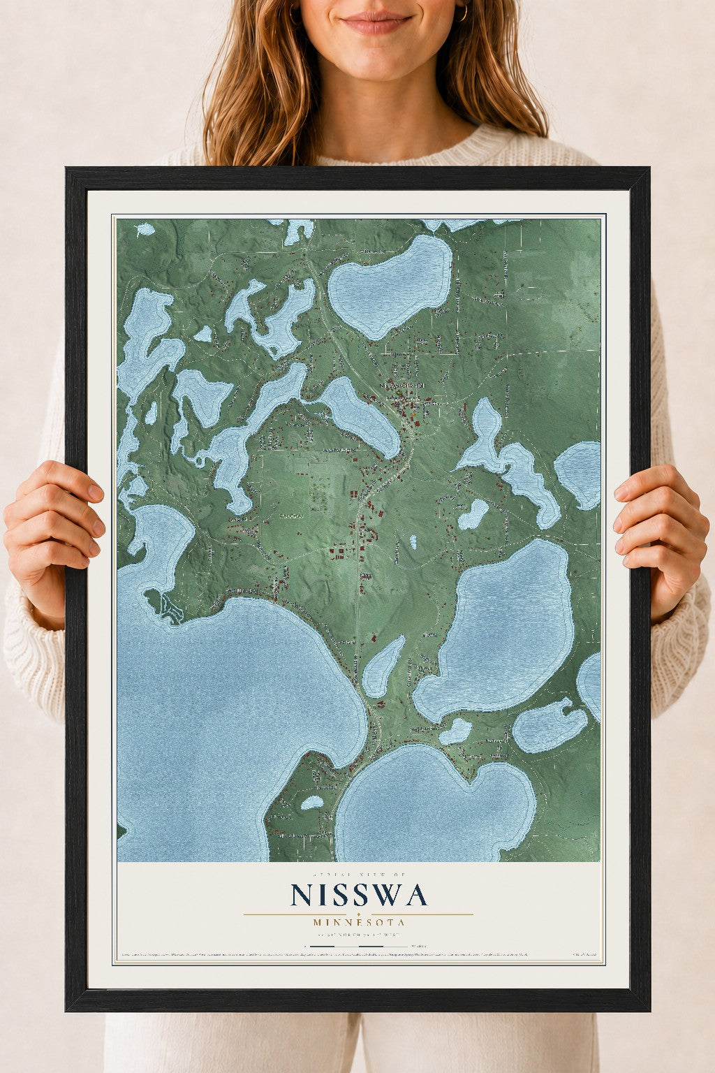 Map of Nisswa, Minnesota, 18 x 24 inch print in a black wood frame