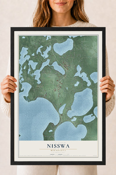 Map of Nisswa, Minnesota, 18 x 24 inch print in a black wood frame