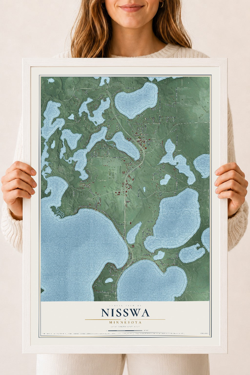 Map of Nisswa, Minnesota, 18 x 24 inch print in a white wood frame