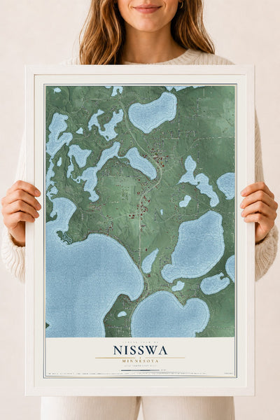 Map of Nisswa, Minnesota, 18 x 24 inch print in a white wood frame