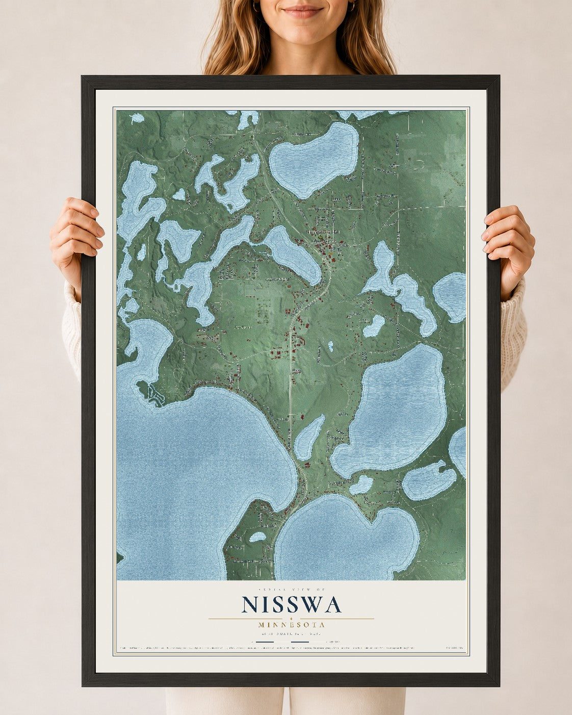 Map of Nisswa, Minnesota, 24 x 36 inch print in a black wood frame