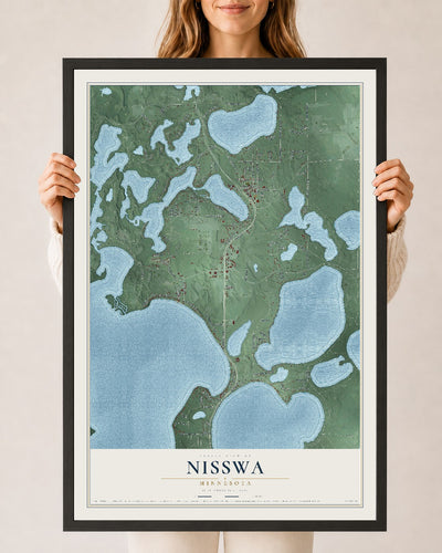 Map of Nisswa, Minnesota, 24 x 36 inch print in a black wood frame