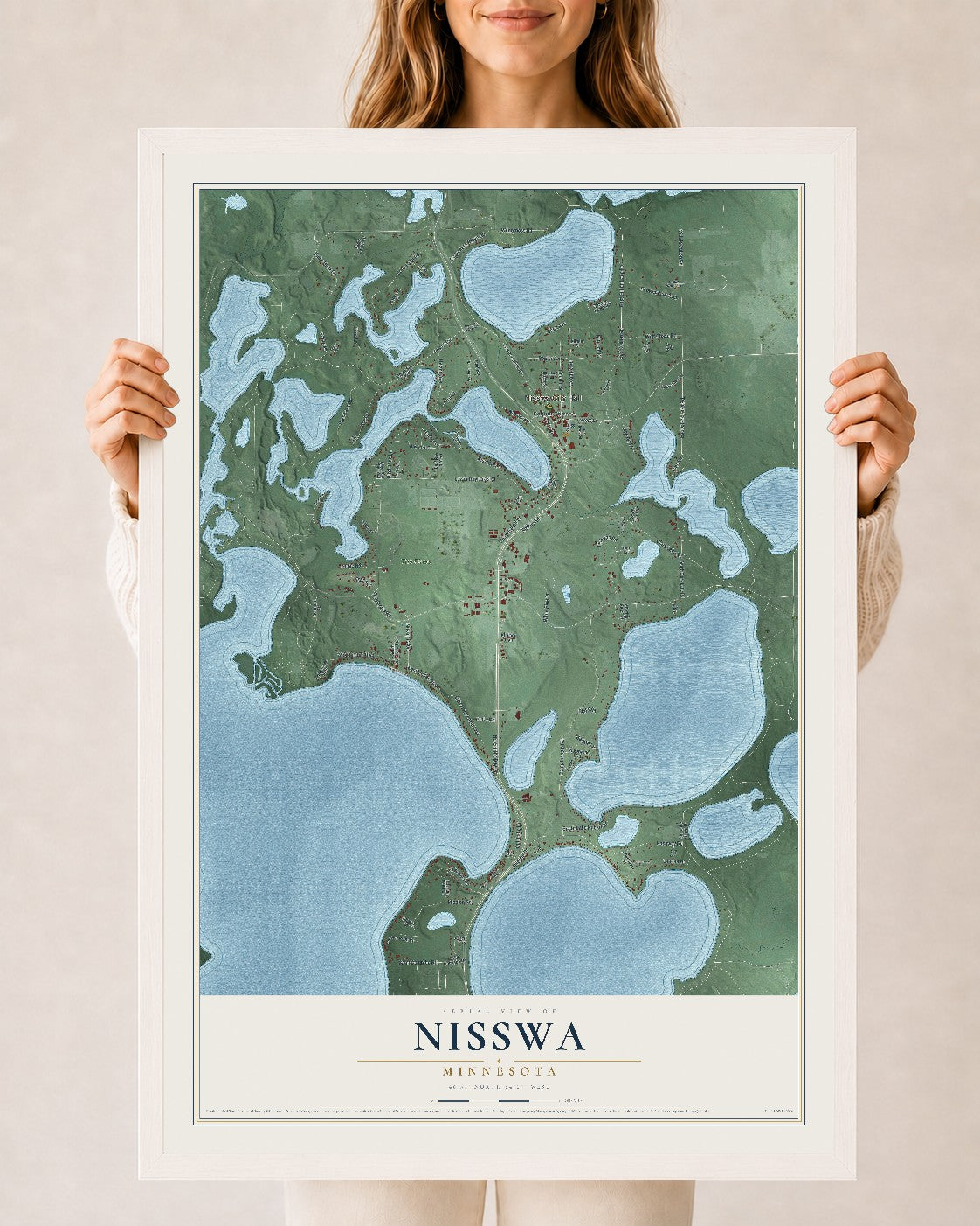 Map of Nisswa, Minnesota, 24 x 36 inch print in a white wood frame