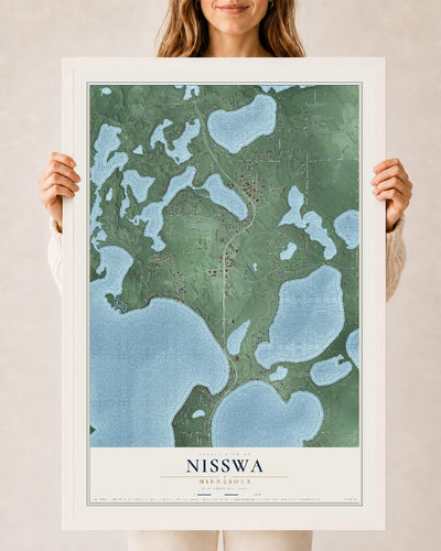 Map of Nisswa, Minnesota, 24 x 36 inch print in a white wood frame