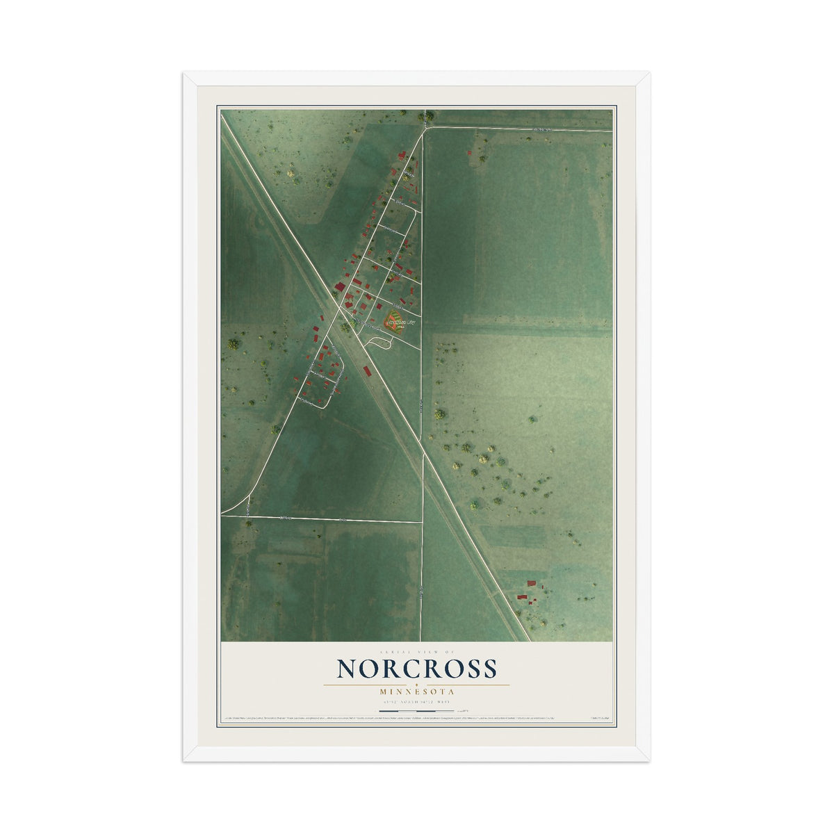 Map of Norcross, Minnesota, 12 x 18 inch print in a white wood frame