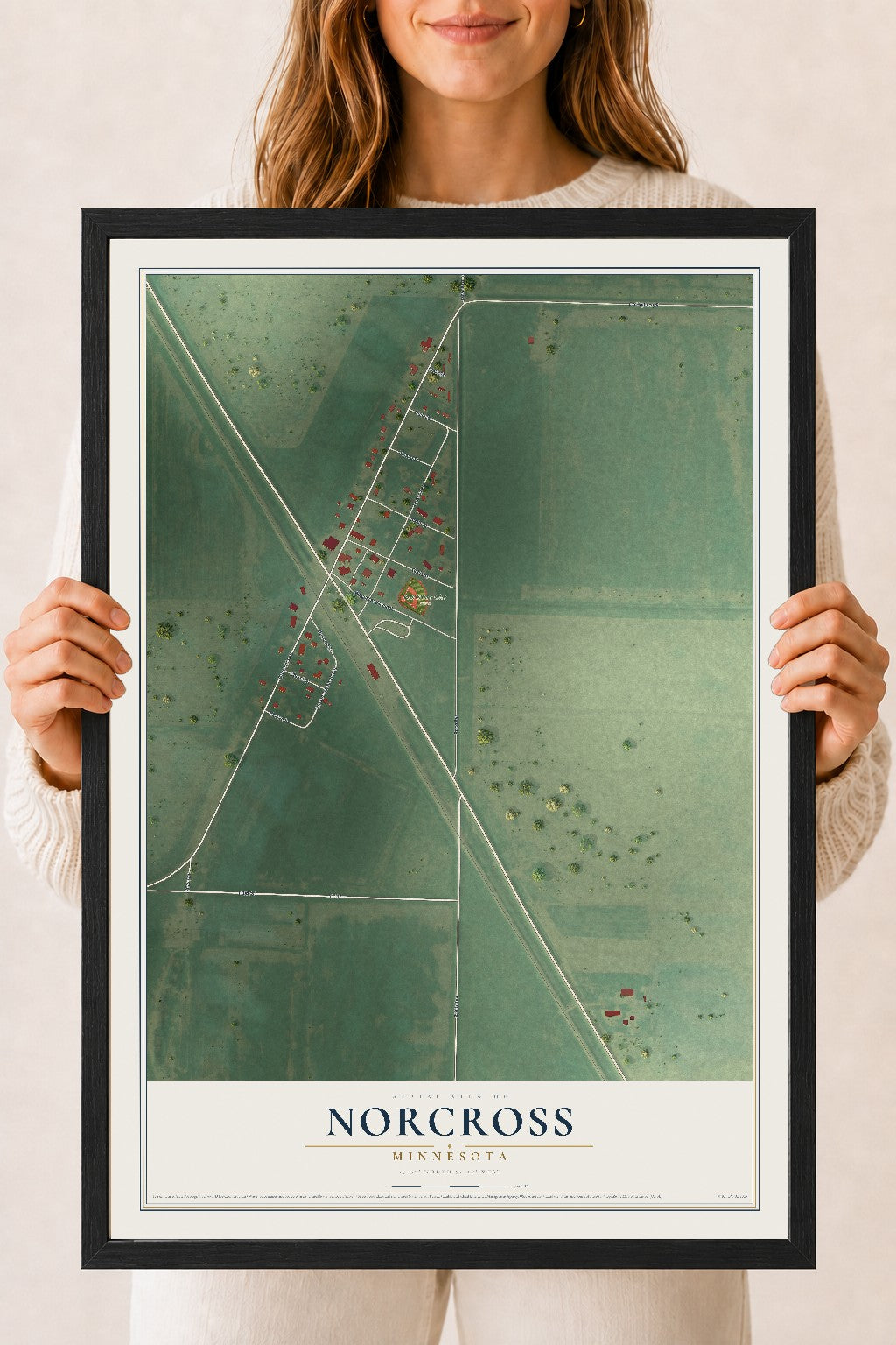 Map of Norcross, Minnesota, 18 x 24 inch print in a black wood frame