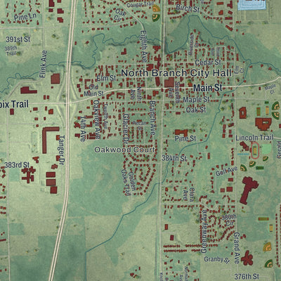 Close-up of the map of North Branch, Minnesota print showing street and building detail