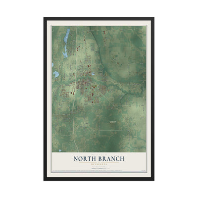 Map of North Branch, Minnesota, 12 x 18 inch print in a black wood frame