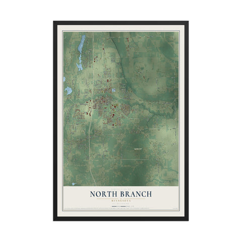 Map of North Branch, Minnesota, 12 x 18 inch print in a black wood frame