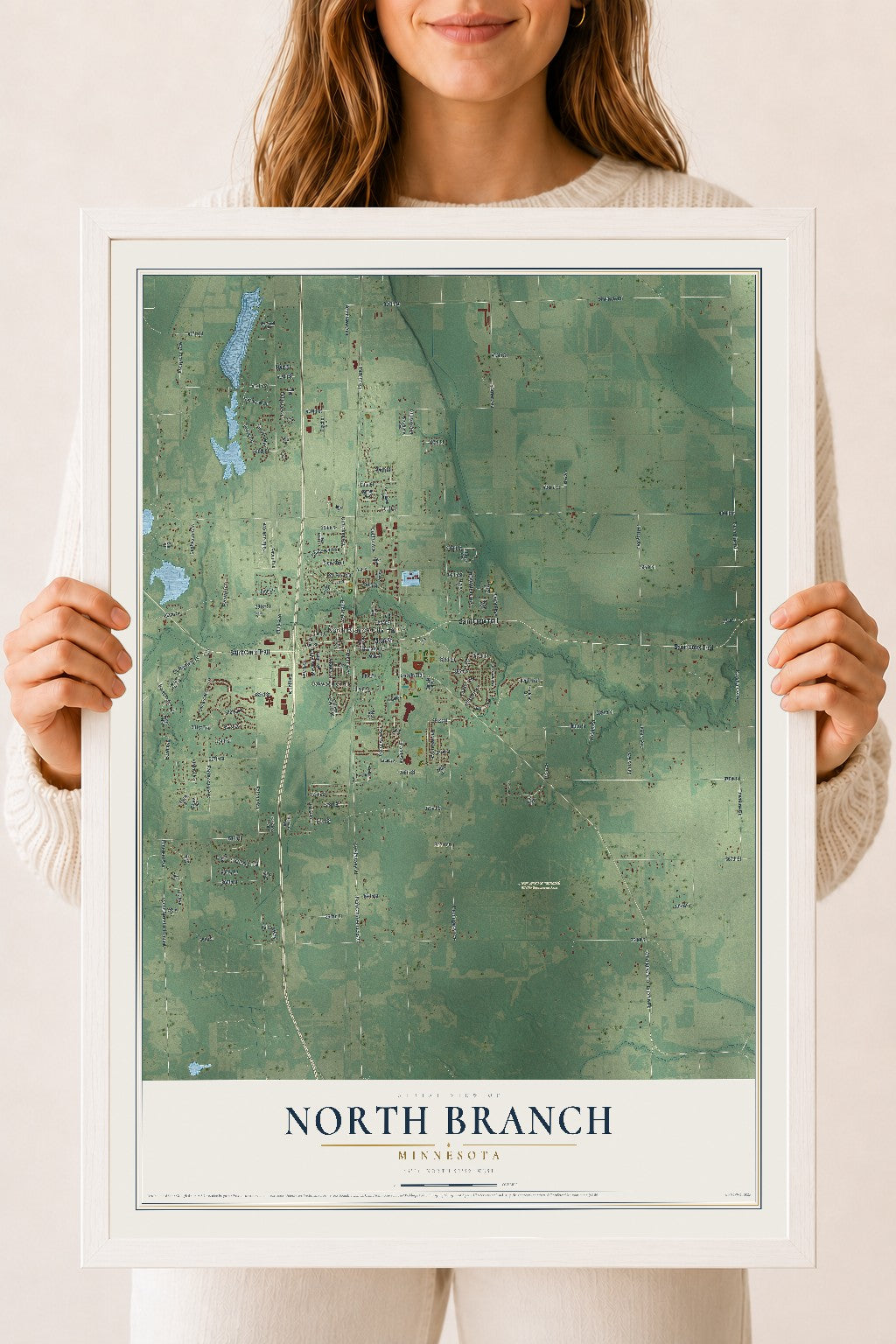 Map of North Branch, Minnesota, 18 x 24 inch print in a white wood frame