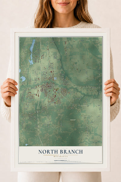 Map of North Branch, Minnesota, 18 x 24 inch print in a white wood frame