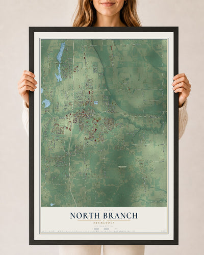 Map of North Branch, Minnesota, 24 x 36 inch print in a black wood frame