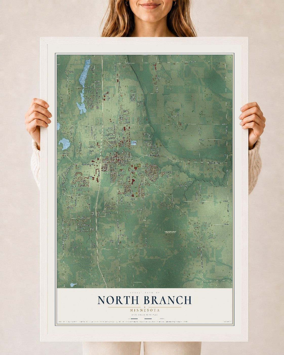 Map of North Branch, Minnesota, 24 x 36 inch print in a white wood frame