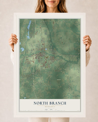 Map of North Branch, Minnesota, 24 x 36 inch print in a white wood frame