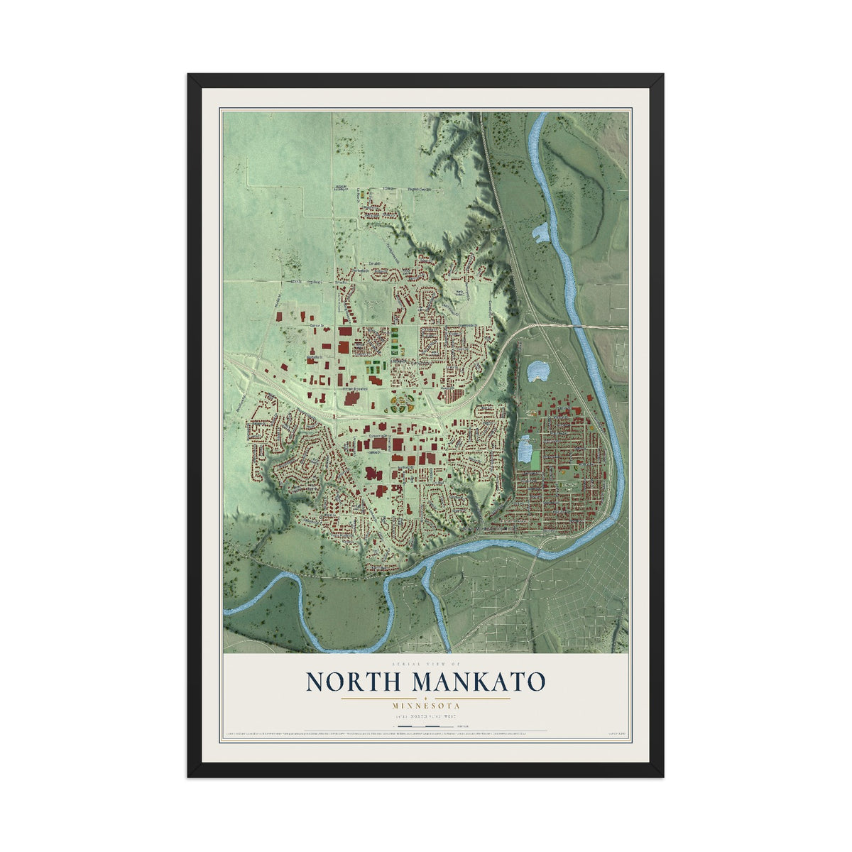 Map of North Mankato, Minnesota, 12 x 18 inch print in a black wood frame