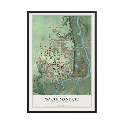 Map of North Mankato, Minnesota, 12 x 18 inch print in a black wood frame